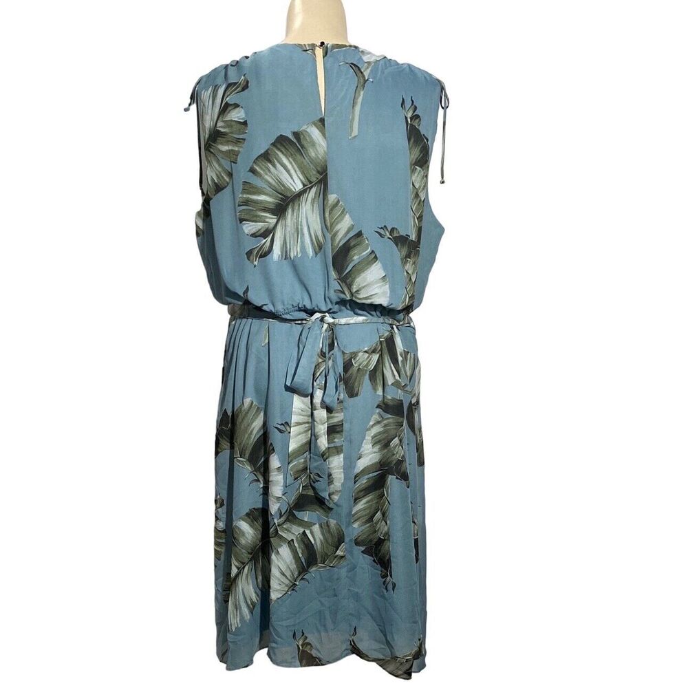 NWT Lane Bryant Dress 26 Dusty Blue Green Midi Drawstring Tropical Leaves Belt - Picture 5 of 8